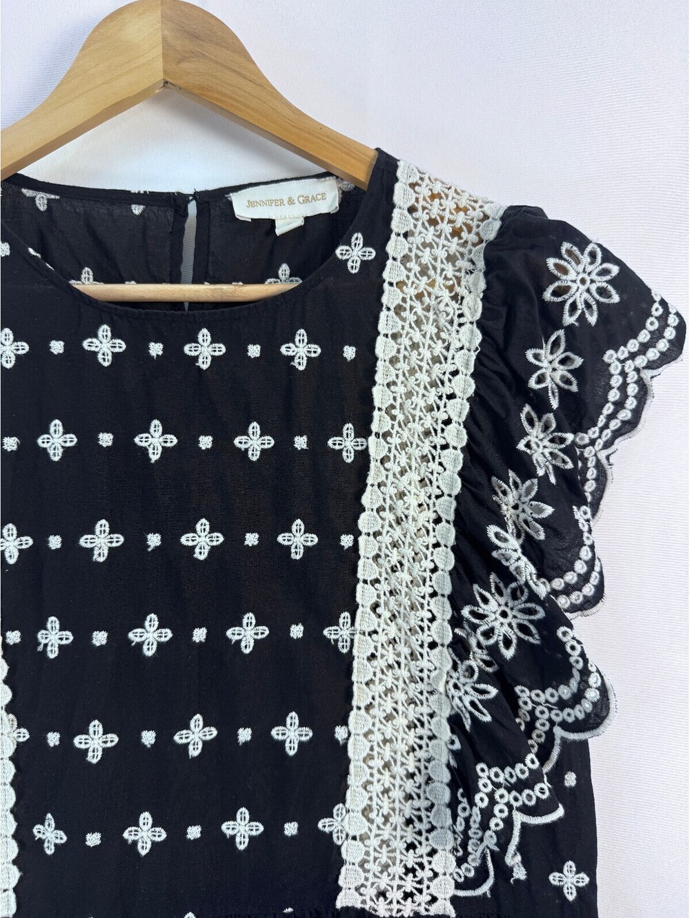 Boho Eyelet Embroidered Cotton Blouse Crochet Lace Flutter Sleeve Black S - Picture 2 of 7